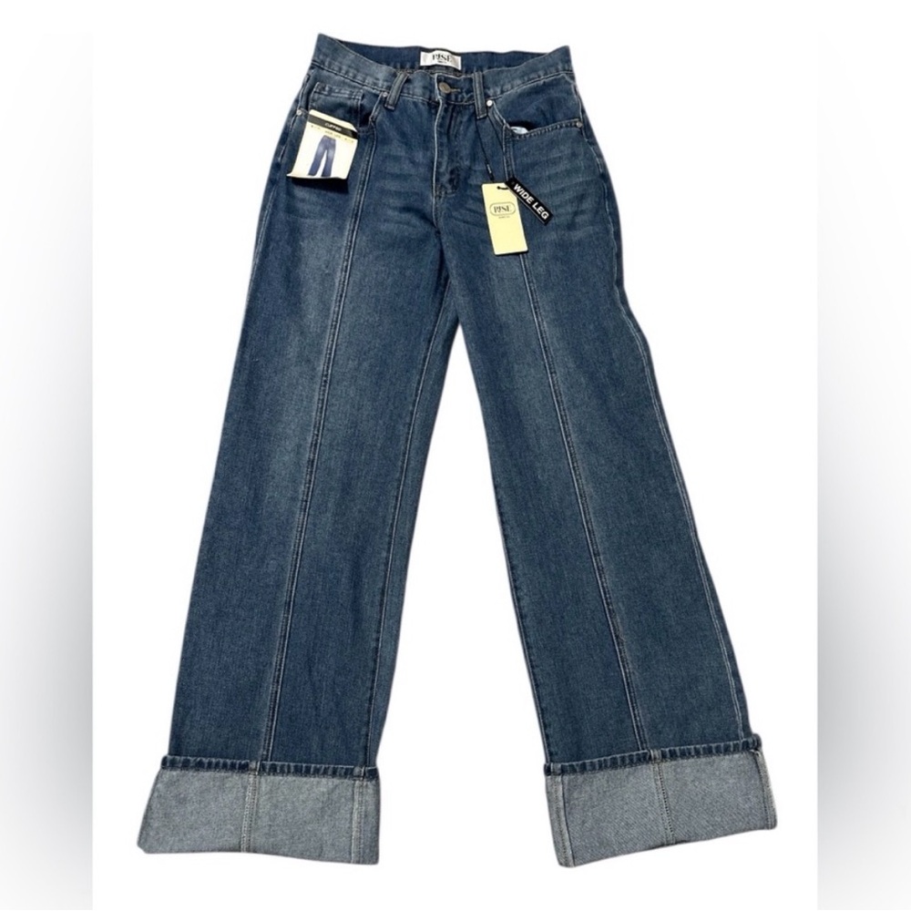 Rise Wide Leg Cuffed Women's Jeans in Dark Blue -wide leg